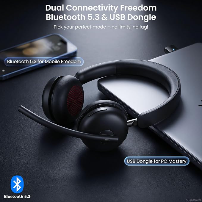 Wireless Headset with Mic for Work, One-Tap Mute & USB Dongle, Bluetooth 5.3 Headset, AI Noise Cancelling Mic, Wireless Headphones with Mic & 65H, Wireless Headset for PC/Teams/Computer/Laptop/Study