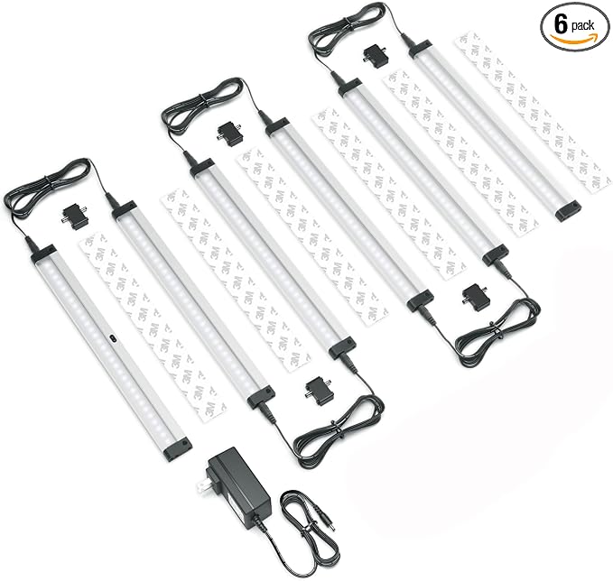 EShine Hand Wave Activated Under Cabinet LED Lighting Kit, Dimmable, 6-Pack 12 in - Touchless Dimming Control, Black Under Counter Lights for Kitchen, Garage, Office, Desk - Cool White (6000K)