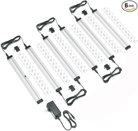 EShine Hand Wave Activated Under Cabinet LED Lighting Kit, Dimmable, 6-Pack 12 in - Touchless Dimming Control, Black Under Counter Lights for Kitchen, Garage, Office, Desk - Cool White (6000K)