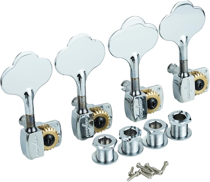 Guyker Bass Tuners (4 for Right) - 1:22 Ratio Gear Open Frame Bass Drop Locking Machine Head Tuning Key Pegs Replacement for Electric Jazz Guitar Bass or Precision Instruments, BB100 Chrome