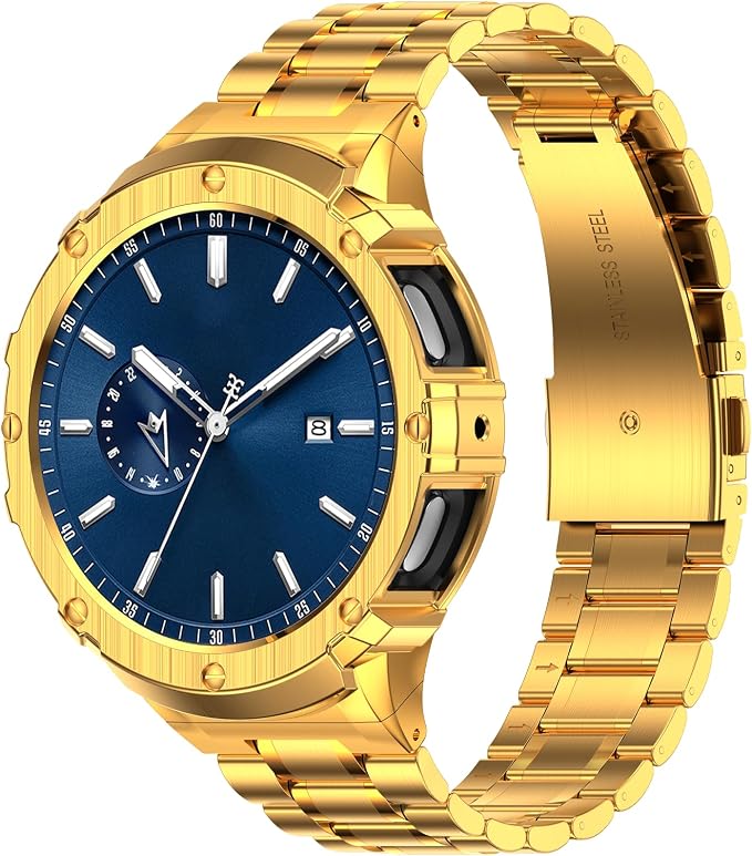 BAITEYOU Stainless Steel Bands with Case Compatible with Samsung Galaxy Watch 7 44mm, Rugged Protective Case Cover and Metal Band for Samsung Galaxy Watch 7 44mm for Men (Gold)