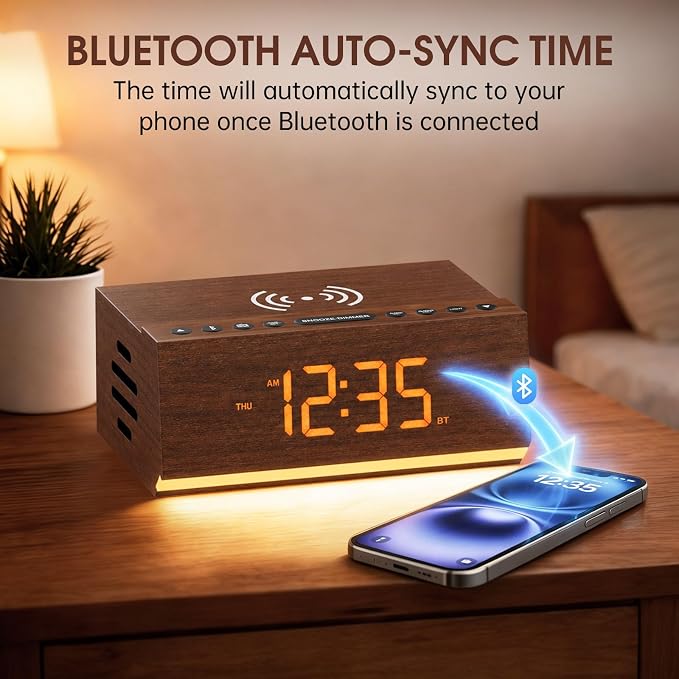 Hoifen Wooden Digital Alarm Clock with Bluetooth Speaker, Wireless Charging, FM Radio, Night Light, Auto Time Sync, Dual Alarms, USB Port, 9-Min Snooze for Bedroom, Desk, Bedside Clock Home Decor Gift