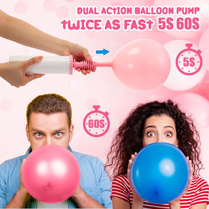 16 Pcs Handheld Balloon Air Pump Inflator Air Pump for Balloons, 2 Way Dual Action Manual Balloon Inflator for Birthday Party Decoration Exercise Yoga Balls Pool Floats, 12 Inch (White and Pink)