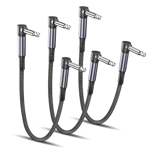 RUXELY Guitar Patch Cables 12-Inch 3-Pack,6.35MM Effects Pedal Board Cord,Nylon Braided 1/4 Right-Angle Instrument Audio Cable,Pedalboard Connector TS Copper Wire for Amp/Amplifier,Mixer,Electric Bass