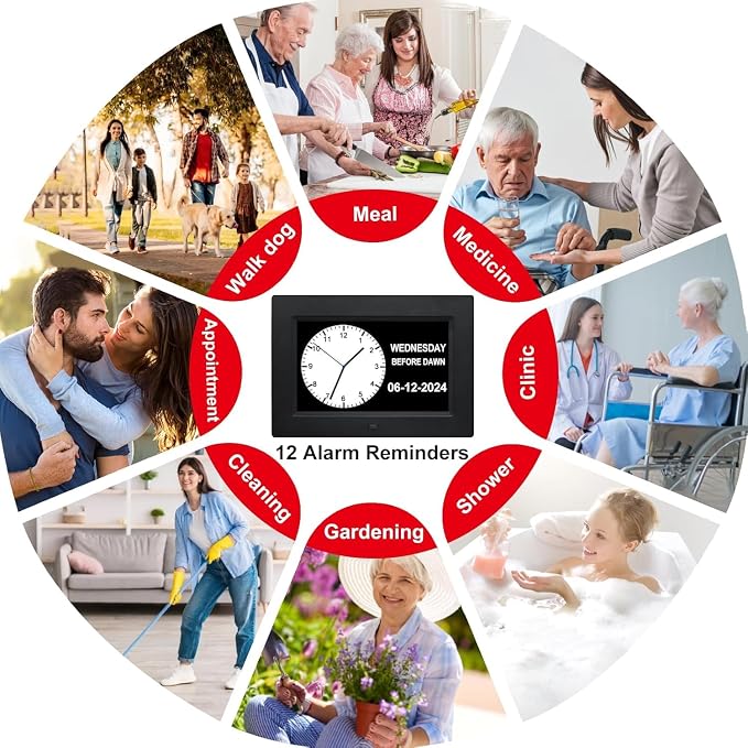 TMC 7 Inch Digital Clock with Day and Date for Elderly - 12 Alarm Options, Auto-Dim, Age Seniors,Elderly, Alzheimer