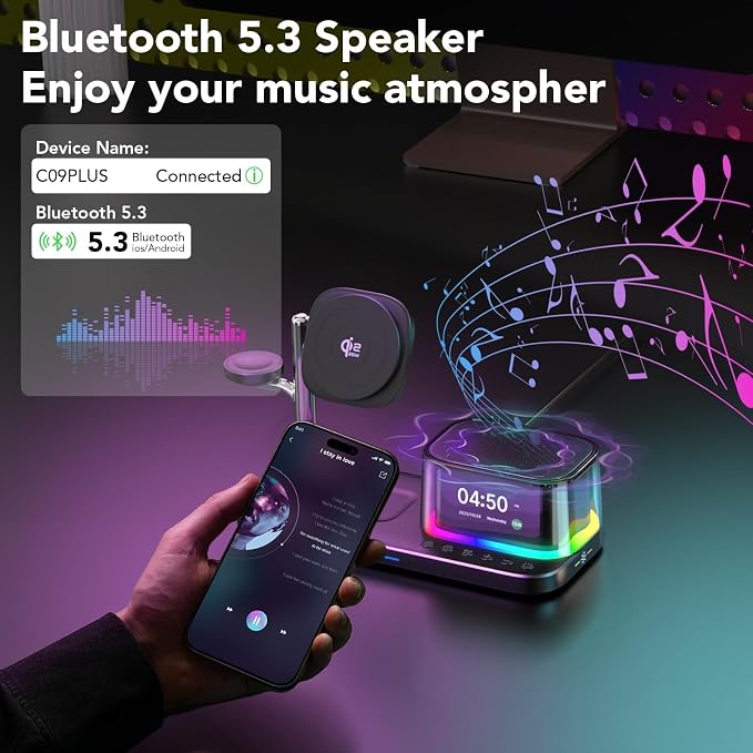 Alarm Clock with Wireless Charging,7 in 1 Charging Station with Night Light,Bluetooth Speakers,Qi2 25W Magnetic Charger for iPhone 17 16 15 14 13 12 Pro Max Plus Apple Watch Airpods,Bedroom