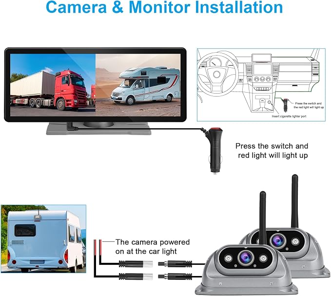 HD RV Vehicle Backup Cameras Wireless with 10.26" Monitor for Car Truck Trailer Bus Camper Motorhome System Recording Wide View Two Rear View Camera Clear Infrared Night Vision Support 4 Split Screen