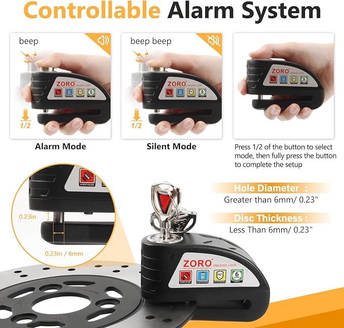 Motorcycle Disc Brake Lock with 130dB Alarm, Anti Theft Security Lock | IP65 Waterproof, Heavy-Duty Metal Construction, Wheel Lock for Motorcycle, Scooter, Moped and Bike, Portable Travel Security