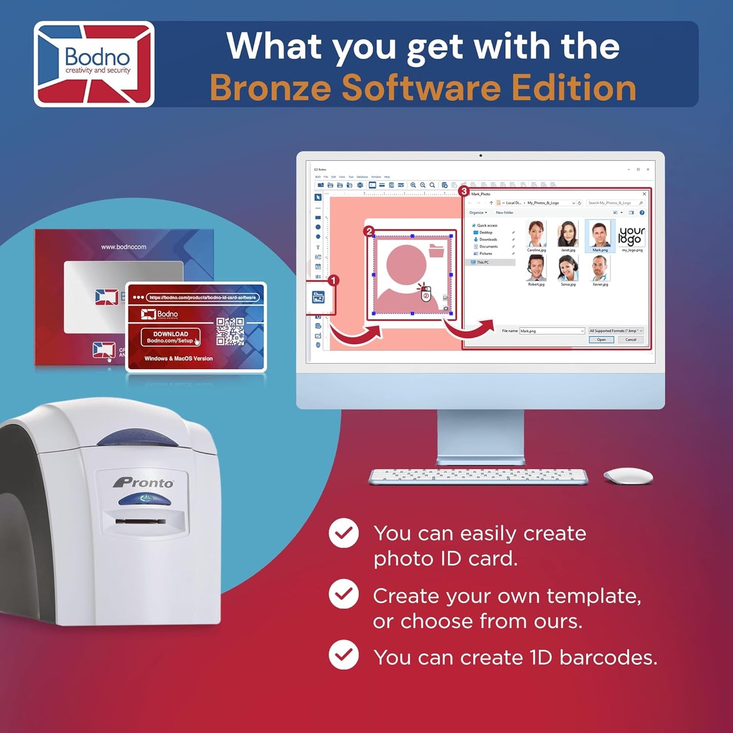 Bodno Magicard Pronto ID Card Printer & Complete Supplies Package ID Software and Camera - Bronze Edition