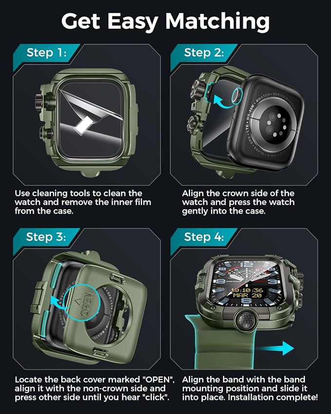 Goton Rugged Case and Band Kit with Screen Protector for Apple Watch 46mm, Compatible with Apple Watch Series 11/10, Full Body Shockproof Metal+PC Bumper Cover with Soft Band, 46mm Green