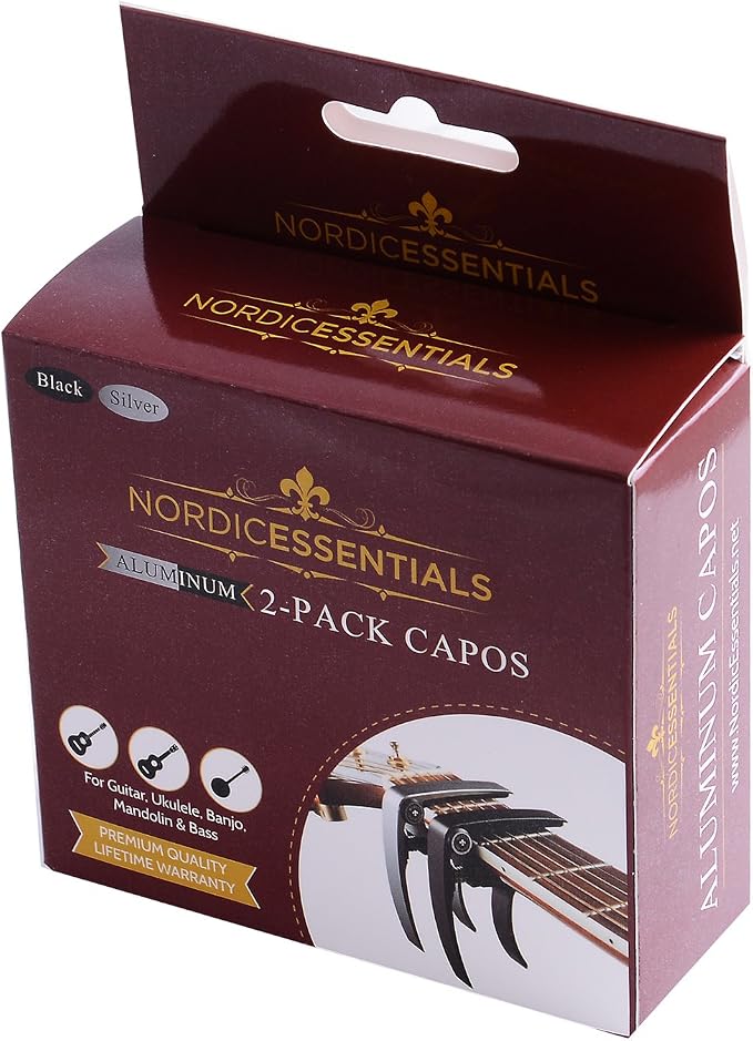 Guitar Capo (2 Pack) for Acoustic Guitars, Ukulele, Banjo, Mandolin, Bass - Made of Ultra Lightweight Aluminum Metal (1.2 oz!) for 6 & 12 String Instruments - Nordic Essentials, Black+Silver