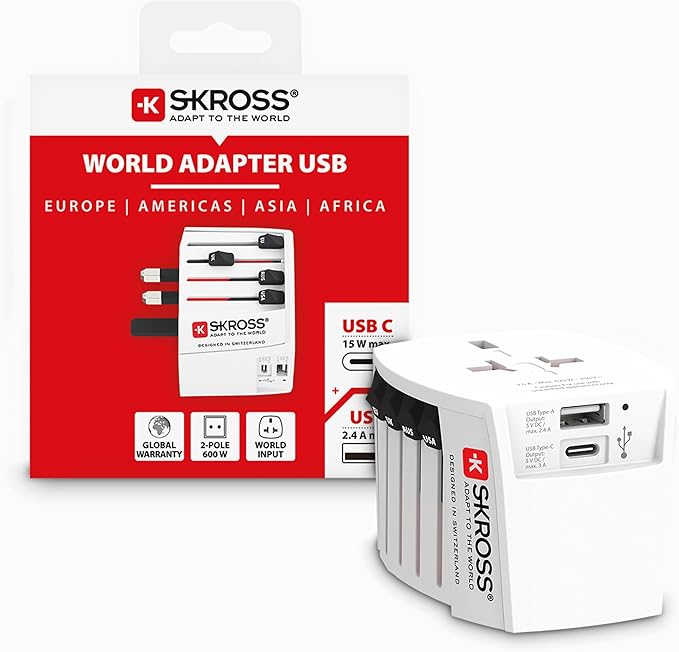 SKROSS Universal Travel Plug with USB and USB C, 1.302962, White