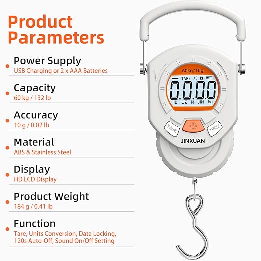 Fishing Scale Luggage Scale 132lb/60kg Digital Fish Scale, Fish Weight Scale with Backlit LCD Display, Luggage Weight Scale with 4 Units, 2 AAA Batteries, Hanging Scale for Fishermen Travelers