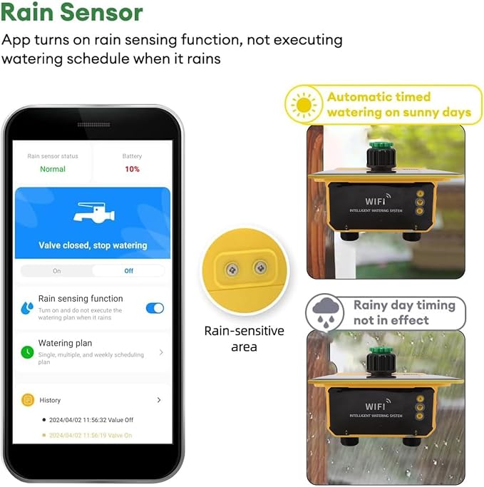 Smart WiFi Sprinkler Timer, Rain Delay APP Control Solar Water Timer with Accuracy Filter and Type C Charging, for Villa Yard Balcony Garden Roof Garden
