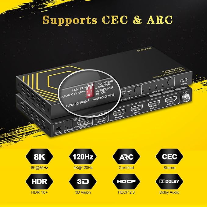 8K@60Hz 4K@120Hz HDMI2.1 Switch 4 in 1 Out with eARC,ARC Audio Extractor,7.1Ch,SPDIF 5.1Ch,48Gbps,HDCP2.3 Bypass,VRR,IR,3D,HDR 10,Dolby Atmos,Compatible with QLED TV,PS5,Xbox,Sonos Soundbar,Apple TV