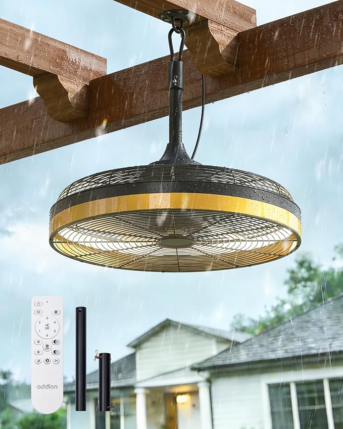 addlon Outdoor Ceiling Fan with Light for Patios, 20 inch Black Waterproof Gazebo Fan Remote&APP Control,6 Speeds 3CCT Dimmable,DC Motor, Plug in Ceiling Fan with Hook Hanging for Pergola Porch Canopy