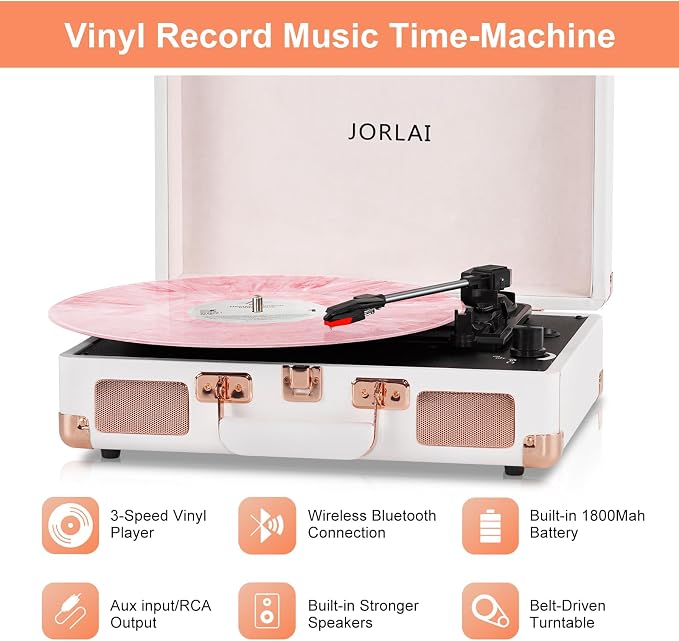 3-Speed Vinyl Record Player Turntable Portable Suitcase with Bluetooth, Rechargeable Battery, Aux/RCA/Headphone Jacks, Compact Retro Design for Vinyl Lovers