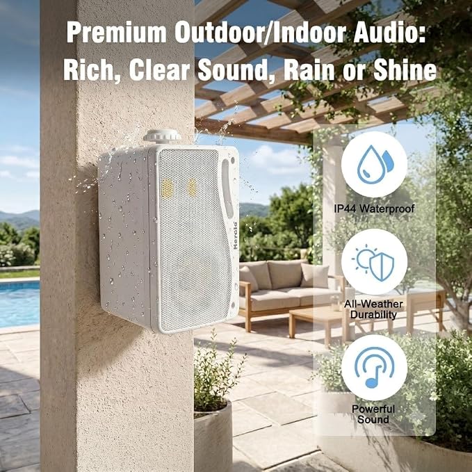 Herdio 3.5" 200W Outdoor Bluetooth Speakers, IP44 Waterproof Rating and Be Able to Wireless Multi-Connection Up to 20 Units for Patio/Porch/Balcony (White, 2-Pack)
