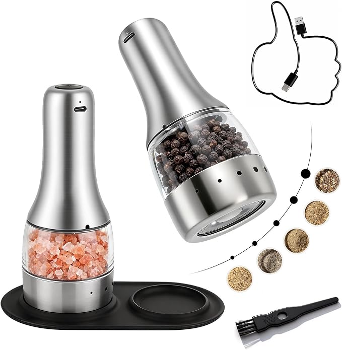 Electric Salt and Pepper Grinder Set of 2 - USB-C Rechargeable Automatic Salt Grinder, Stainless Steel Pepper Mill with LED Light, 5 Adjustable Coarseness, Tray & Brush Included