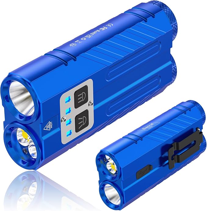 Banral 1Pack Flat Tactical Flashlight Rechargeable, 3100 High Lumens Powerful Small Flashlights, Compact Spot/Flood Pocket Flashlight for Car, Emergency, Home, Camping, Blue