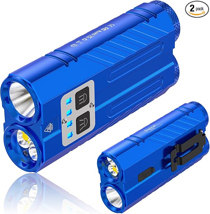 Banral 2Pack Flat Tactical Flashlight Rechargeable, 3100 High Lumens Powerful Small Flashlights, Compact Spot/Flood Pocket Flashlight for Car, Emergency, Home, Camping, Blue
