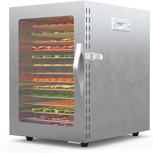 Food Dehydrator, 14 Stainless Steel Trays, 85–170°F Temperature Control | 1240W Jerky Dehydrator, 15.4 ft² Drying Space, 24-Hour Timer, for Meat, Fruit, Veggies, Dog Treats & Snacks, Bright-Silver