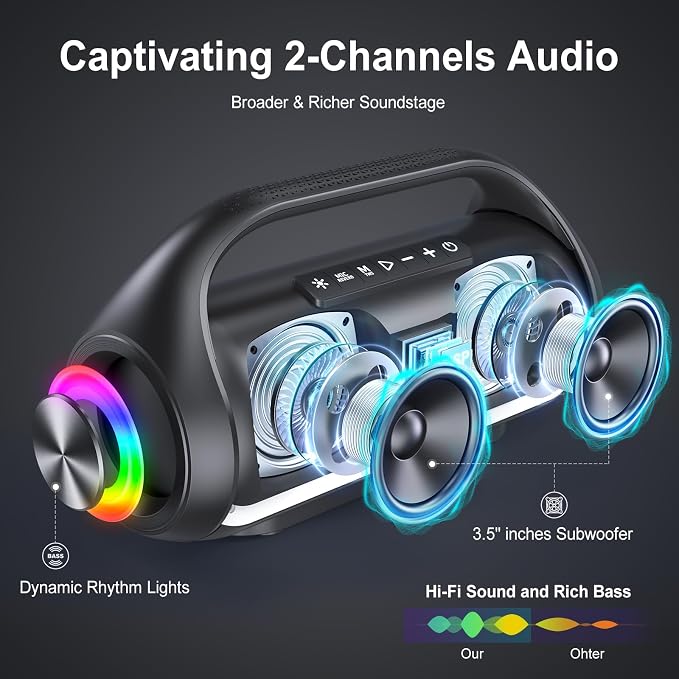HWWR Portable Bluetooth Speaker, Wireless Outdoor Loud Stereo Audio with Deep Bass, IPX5 Water Resistant Party Sound System, RGB Lights, TWS Pairing, Travel Camping Gear for Home Beach Patio