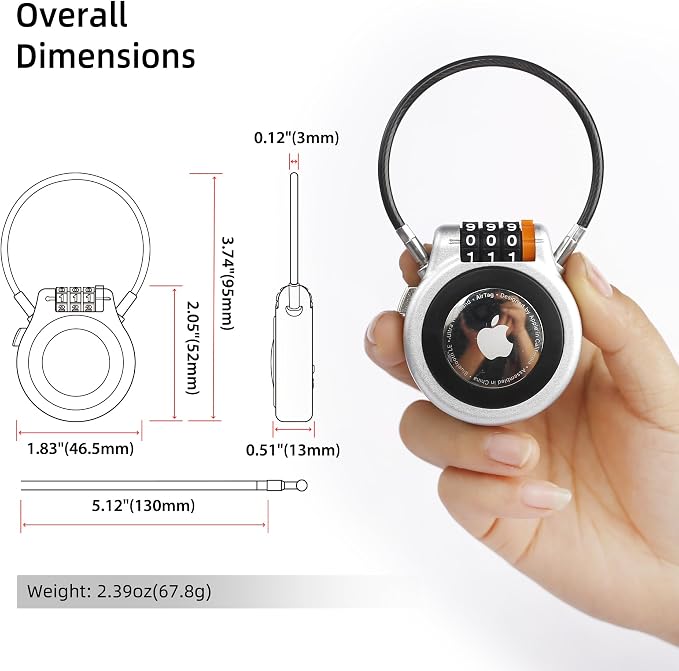 AirTag Holder with Combination Cable Lock, Compatible with Apple Air Tag, AirTag Holder for Kids Backpack, Luggage, Suitcase, Stroller, Car Key, Keychain, GPS Tracking Device Air Tag Case