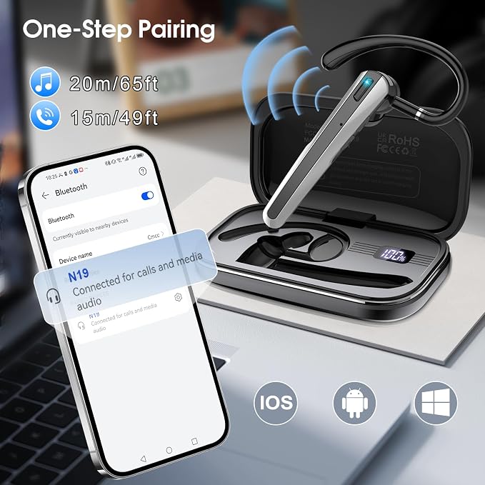 Atheewon Bluetooth Headset V5.3, Wireless Headset with ENC Noise Canceling Mic, 120Hrs Talk Single-Ear Bluetooth Earpiece, LED Display, IP7 Waterproof Hand-Free Earphone for Business/Trucker/Driver