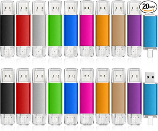 AreTop 4GB USB C Thumb Drive USB 2.0 Dual Flash Drive 2-in-1 Portable Type-C Memory Stick Compatible with iPhone 16/15, Android Smartphone, Computers, MacBook, Tablets, PC, 20 Pack, Mix-Colors