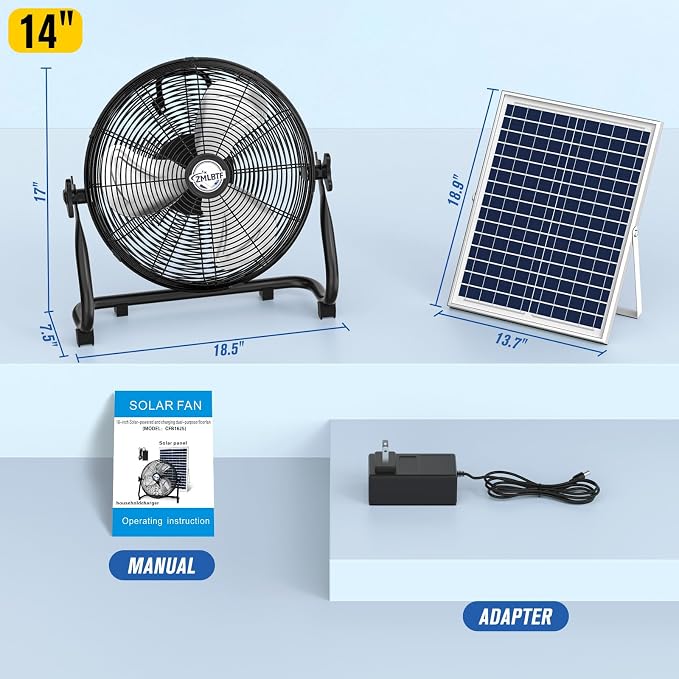 14" Solar Powered Fan with 20W Solar Panel & Rechargeable Battery, Portable, Quiet 12 Speed, 360° Tilt Head for Outside, Camping, Travel, Greenhouse, Chicken Coop, Patio, gazebo (Black)