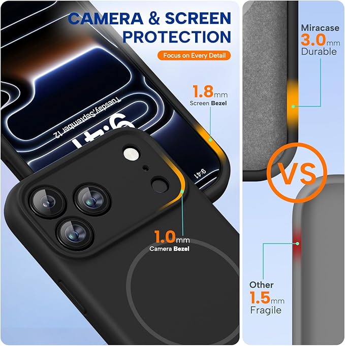 Miracase Magnetic for iPhone 17 Pro Case, Compatible with MagSafe, Integrated Silicone Camera Control Cover, 3.0mm Thicken Shockproof Drop Protection Phone Case for 17 Pro,Black