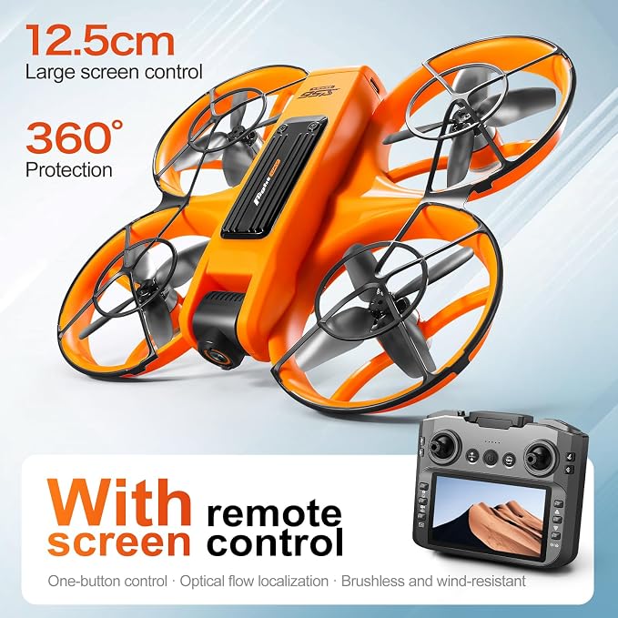 RC Drone With Screen On Controller (4.92in), UHD Dual Camera, Brushless Motor, Optical Flow Hovering, 360° Propeller Guard, 6-Axis Gyro, Headless Mode, One-Key Takeoff/Landing, 3-Speed Adjustable, 50X Zoom, Gesture Control, Trajectory Flight, Night LED...