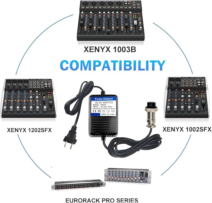 18V*2 AC Mixer Console Power Adapter， with 3-Pin Connector - for Yamaha MG16 MG82X MG10U PA-10, Stanton M304, Alesis Multimix 8 USB FX – 8, Behringer Mixer - Replacement Power Supply Cord