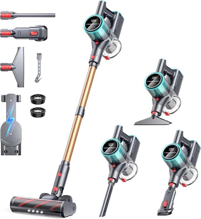 Cordless Vacuum Cleaner, 50Kpa 600W Vacuum Cleaner for Home, 60Mins(Eco) Stick Vacuum Cordless Rechargeable Self-Standing, Wall Mount Charging Hand Vacuum for Carpet Pet Hair Hardwood Floor