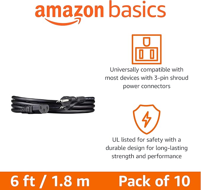 Amazon Basics PC Power Cord for Monitor, Computer, TV, 3 Prong, 18 AWG, 125 Volts, 6 feet, Black, 20-Pack, UL Listed
