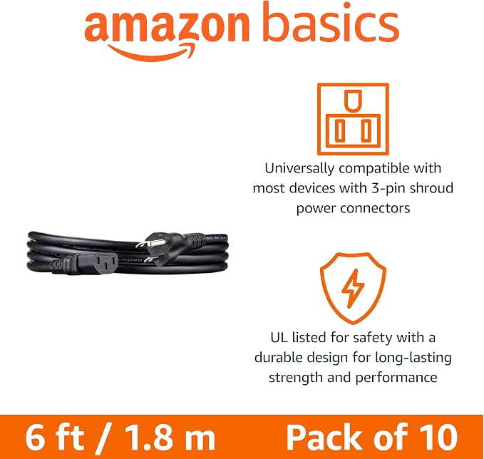 Amazon Basics PC Power Cord for Monitor, Computer, TV, 3 Prong, 18 AWG, 125 Volts, 6 feet, Black, 10-Pack, UL Listed
