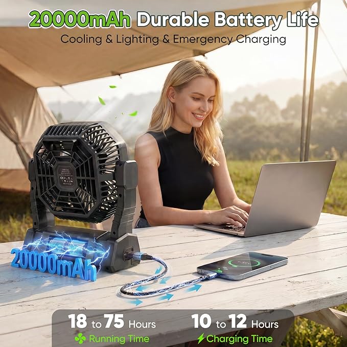 COZII Battery Operated Fan, 20000mAh Rechargeable Portable Fan with LED Lantern - 3 Colors, 4 Speeds, 4 Timing, Adjustable Head with Hook, Camping Fan for Table, BBQ, Beach, Hiking, Travel