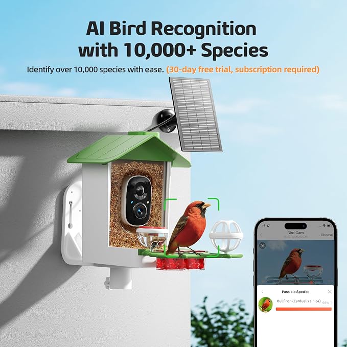 Bird Feeder with Camera, 2K HD Smart Birds Feeder with Solar Panel, AI Bird-Recognition, Instant Motion Alerts, Auto Capture BirdVideos, Outdoor Birdhouse Feeder Gift for Bird Lovers