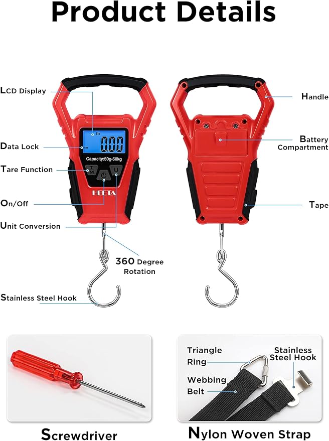 HEETA Waterproof Fish Scale Digital with Backlit LCD Display, 110lb/50kg Portable Hanging Scale Fishing Scale for Home and Outdoor, Measuring Tape and 2 AAA Batteries Included