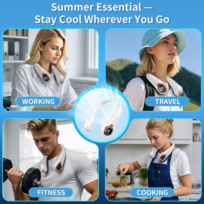 BNBZ Neck Fan, 6000mAh Portable Rechargeable Fan Blows Cold Air with LED Display, 4 Speeds, Quiet Wearable 360° Personal Cooling Fan for Outdoor Travel Work Gym Gift for Women Men-Black &White