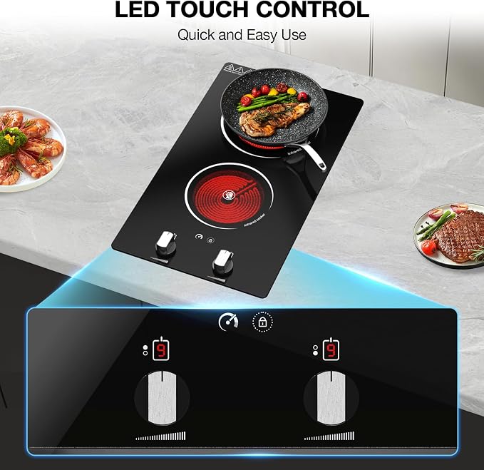 2 Burner Electric Cooktop, 2100W Electric Stove Top Hot Plate, 12 inch Countertop Burner & Built-In Stove Top, 9 Levels of Power, Knob Control, Timer & Kid Safety Lock, Residual Heat Warning