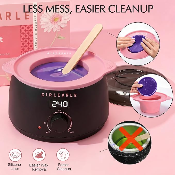 GIRLEARLE Black and Pink Digital Waxing Kit for Women and Men Sensitive Skin, Nose&Ear Wax Kit Hair Removal at Home with Wax Beads & Silicone Pot, Target Different Types of Brazilian Bikini, Facial