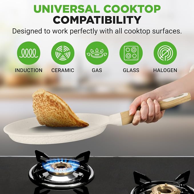 NutriChef 11” Non-Stick Crepe Pan with Wooden Spreader, Durable Marble Coated Tawa Pan for Roti Indian, Comal para Tortillas and Tacos With Induction Bottom, Round Griddle (White Cream Marble)