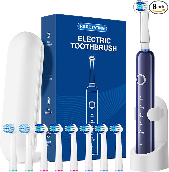 Rotating Electric Toothbrush for Adults, 8 Brush Heads (2 Types) & Travel Case, 5 Cleaning Modes Rechargeable Power Toothbrush with 2-Minute Smart Timer, Black