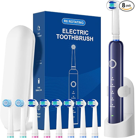 Rotating Electric Toothbrush for Adults, 8 Brush Heads (2 Types) & Travel Case, 5 Cleaning Modes Rechargeable Power Toothbrush with 2-Minute Smart Timer, Black
