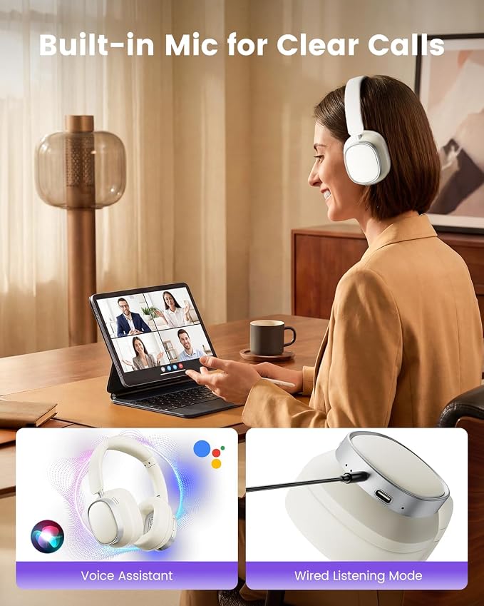 Active Noise Cancelling Headphones,78H Playtime & Bluetooth 6.0 Over Ear Wireless Headphones,Hi-Res,Low Latency,Foldable Bluetooth Headphones for Travel Workout Office Cellphone PC-Vanilla White