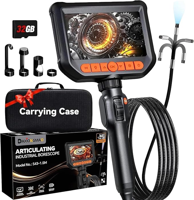 Daxiongmao Endoscope Camera with Lights, 1080P HD Two-Way Articulating Borescope, IP67 Waterproof Snake Camera – Ideal for Inspecting Walls, Vents, Automotive Engines, Pipes – A Tool for Men (5ft)