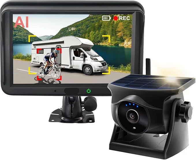 AI Magnetic Solar Wireless Backup Camera: Pedestrian & Vehicle Detection, 1-Min Install, No Wiring/Drilling, Gesture Control, Night Vision, 5" 1080P Monitor for RV, Trailer, Truck, Motorhome, Camper