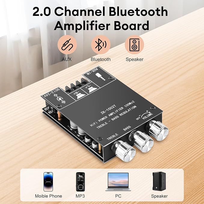 Daakro ZK-1002T Bluetooth Amplifier Board,100W+100W 2.0 Channel Amp Board with Treble/Bass Control,DC 12-24V, Bluetooth and AUX Inputs, Audio Amp Board for Home DIY Wireless Speakers, Password Free